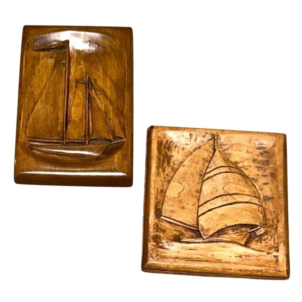 Vtg Hand Carved Wood Ships Wall Plaques Spinnaker Schooner Rockport ME Sign JGW